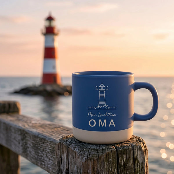 Mein Leuchtturm Tasse mit Gravur – personalisierbar für Papa, Mama, Oma, Opa, Onkel
