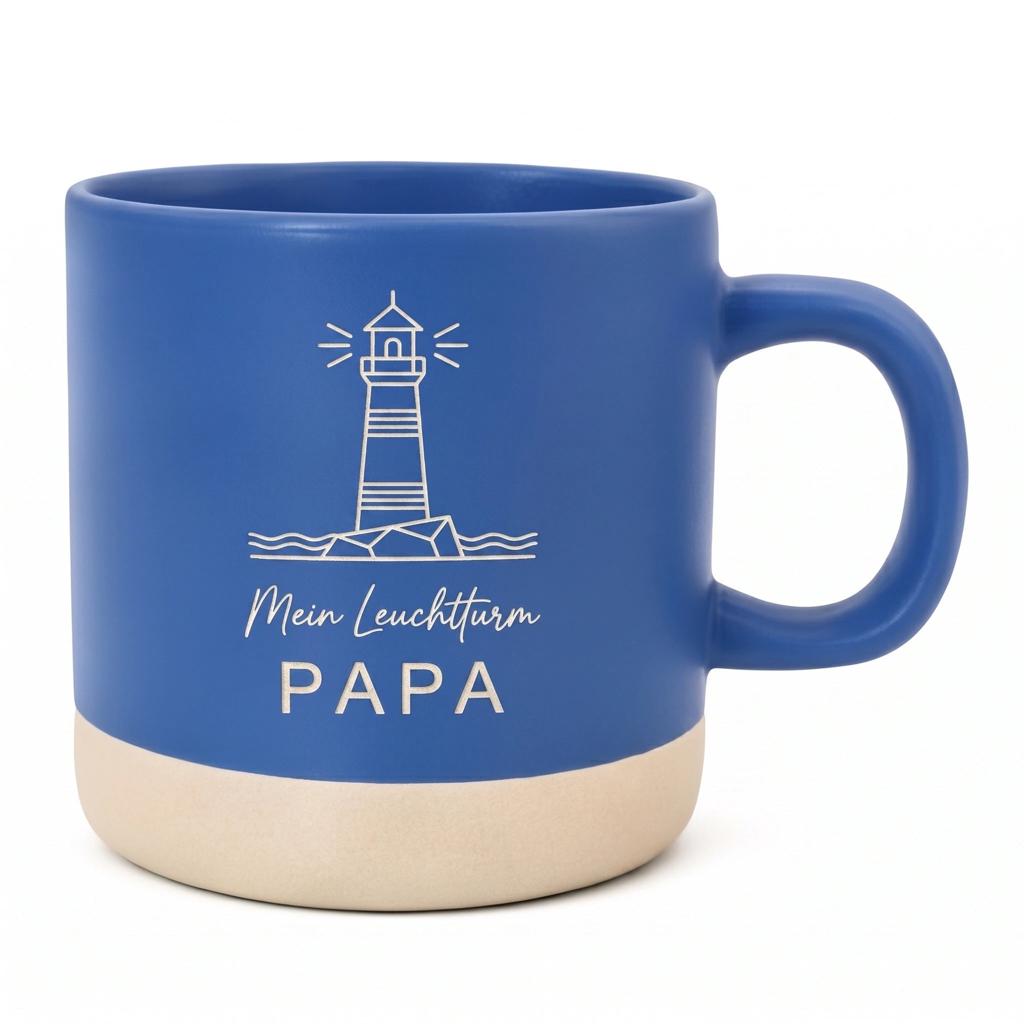 Tasse Mein Leuchtturm – Maritime Kaffeetasse Papa Mama Oma Opa Blau matt 350ml - Laser Tattoo - exklusive Lasergravuren e.K.