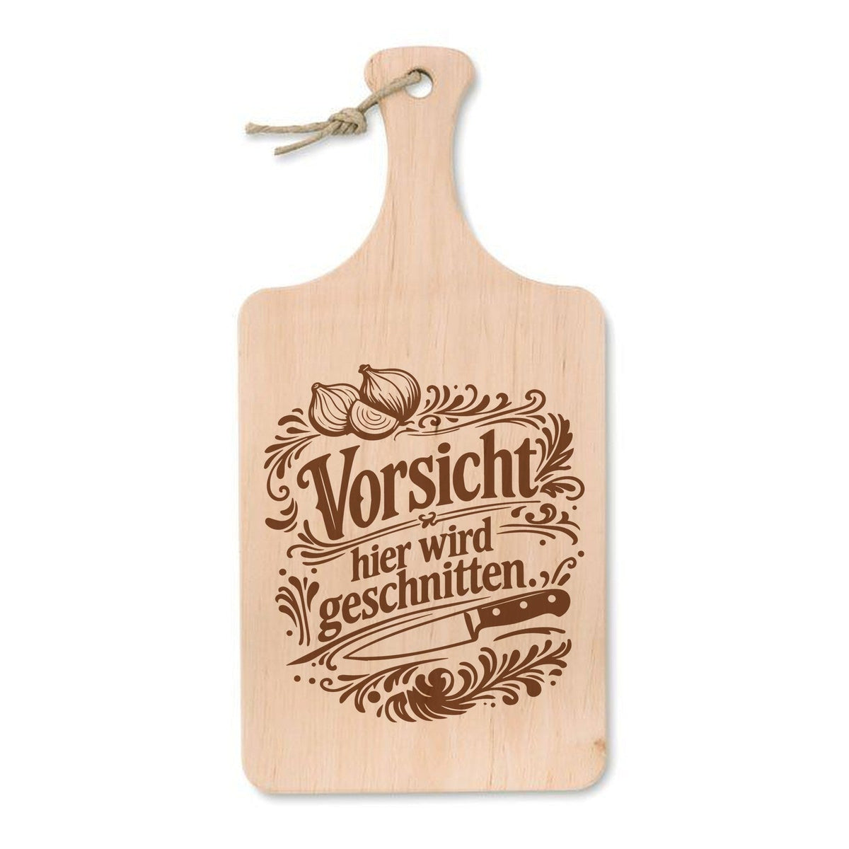 „Vorsicht, hier wird geschnitten“ – Schneidebrett mit Gravur, Erle 37 × 18 cm - Laser Tattoo - exklusive Lasergravuren e.K.