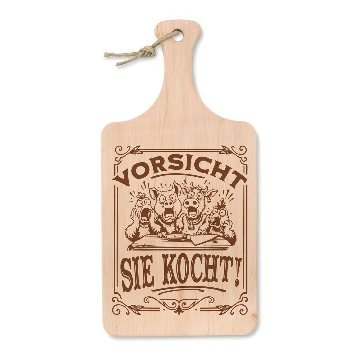„Vorsicht, sie kocht“ – Schneidebrett mit Gravur, Erle 37 × 18 cm - Laser Tattoo - exklusive Lasergravuren e.K.